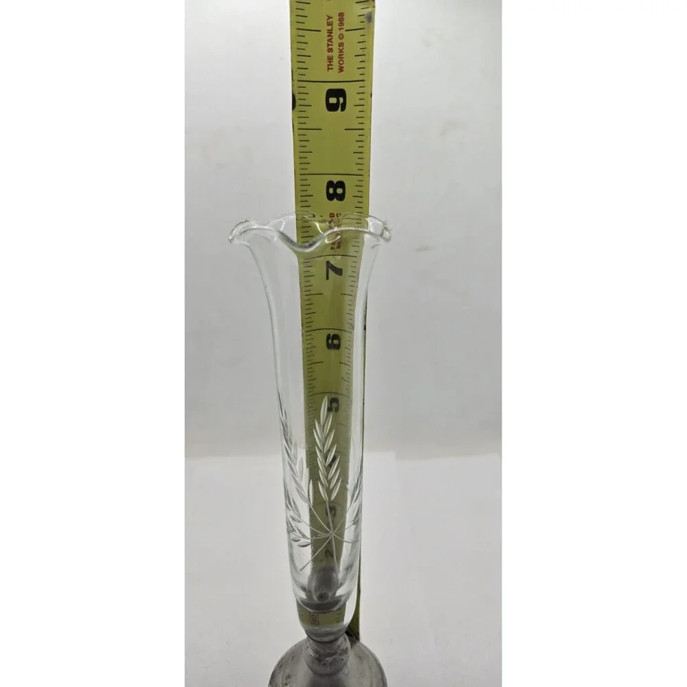 Vintage Crystal Bud Vase Web Wheat Etch Fluted Sterling Silver Base 10.75